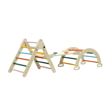 Keezi Kids Triangle Climbing Toys Set With Slide Indoor Outdoor Toddler Toys Pikler Climber With Arch.