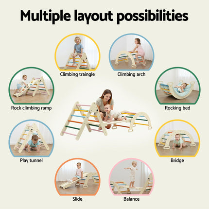 Keezi Kids Triangle Climbing Toys Set With Slide Indoor Outdoor Toddler Toys Pikler Climber With Arch.