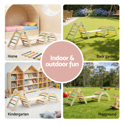 Keezi Kids Triangle Climbing Toys Set With Slide Indoor Outdoor Toddler Toys Pikler Climber With Arch.