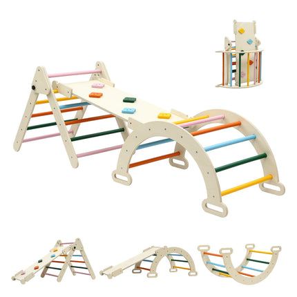Keezi Kids Triangle Climbing Toys Set With Slide Indoor Outdoor Toddler Toys Pikler Climber With Arch.