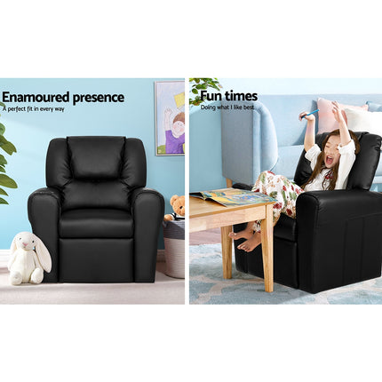 Keezi Kids Recliner Chair PU Leather Sofa Lounge Couch Children Armchair Black.