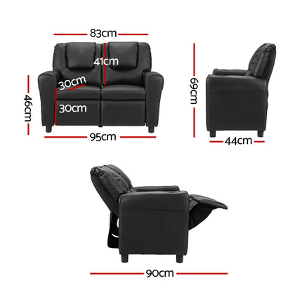 Keezi Kids Recliner Chair Double PU Leather Sofa Lounge Couch Armchair Black.