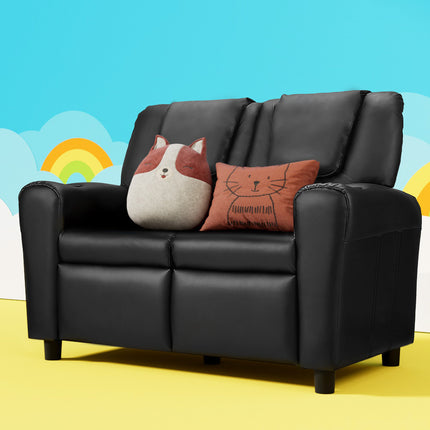 Keezi Kids Recliner Chair Double PU Leather Sofa Lounge Couch Armchair Black.