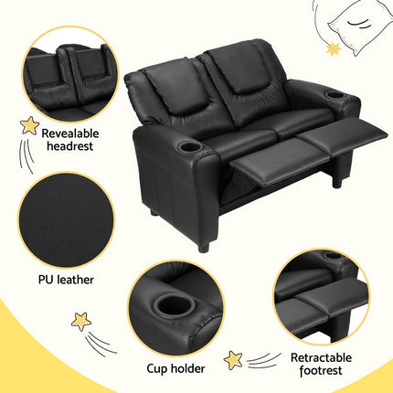 Keezi Kids Recliner Chair Double PU Leather Sofa Lounge Couch Armchair Black.
