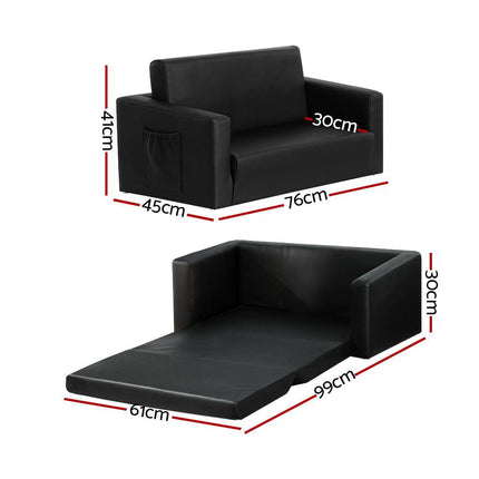 Keezi Kids Sofa 2 Seater Children Flip Open Couch PU Leather Armchair Black.