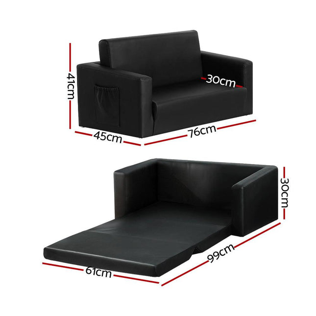 Keezi Kids Sofa 2 Seater Children Flip Open Couch PU Leather Armchair Black.