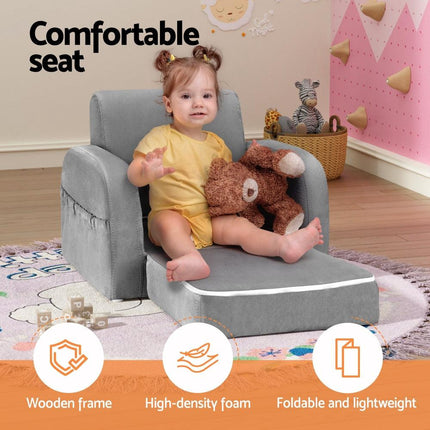 Keezi Kids Sofa 1 Seater Children Flip Open Couch Lounger Armchair Soft Grey.