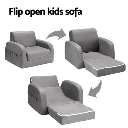 Keezi Kids Sofa 1 Seater Children Flip Open Couch Lounger Armchair Soft Grey.