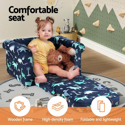 Keezi Kids Sofa 1 Seater Children Flip Open Couch Lounger Armchair Dinosaur Navy.