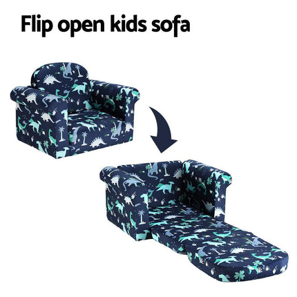 Keezi Kids Sofa 1 Seater Children Flip Open Couch Lounger Armchair Dinosaur Navy.