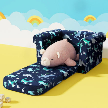 Keezi Kids Sofa 1 Seater Children Flip Open Couch Lounger Armchair Dinosaur Navy.