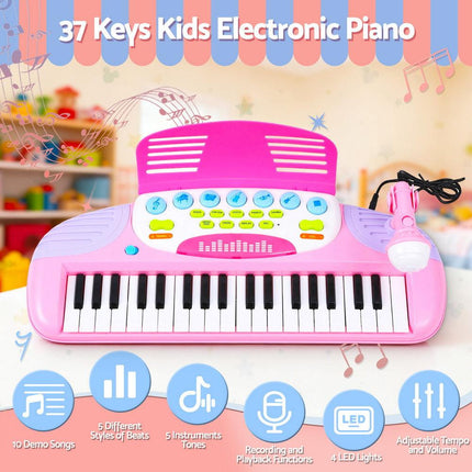 Keezi Kids Piano Keyboard 37 Keys Electronic Musical Instrument Set w/ Stool Microphone.