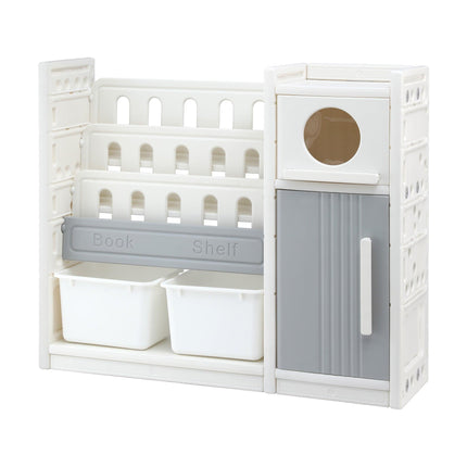 Keezi Kids Bookshelf and Toy Storage Organizer with 3-Tier Bookshelvs, 2 Removable Bins and 2 Storage Cabinets, Toddler Bookshelf with Toy Organizer for Kids' Rooms, Playrooms.