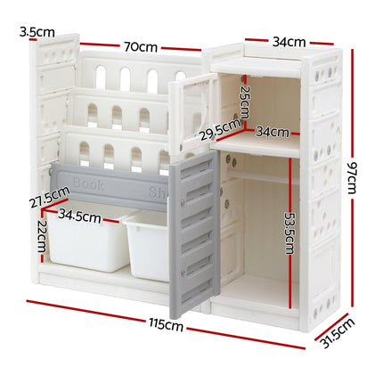 Keezi Kids Bookshelf and Toy Storage Organizer with 3-Tier Bookshelvs, 2 Removable Bins and 2 Storage Cabinets, Toddler Bookshelf with Toy Organizer for Kids' Rooms, Playrooms.