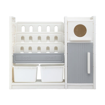 Keezi Kids Bookshelf and Toy Storage Organizer with 3-Tier Bookshelvs, 2 Removable Bins and 2 Storage Cabinets, Toddler Bookshelf with Toy Organizer for Kids' Rooms, Playrooms.