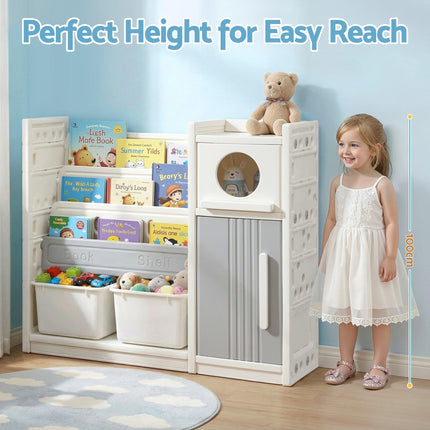 Keezi Kids Bookshelf and Toy Storage Organizer with 3-Tier Bookshelvs, 2 Removable Bins and 2 Storage Cabinets, Toddler Bookshelf with Toy Organizer for Kids' Rooms, Playrooms.