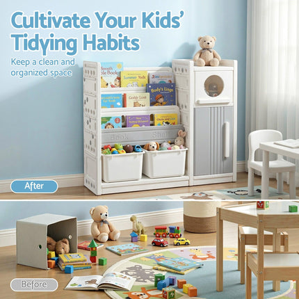 Keezi Kids Bookshelf and Toy Storage Organizer with 3-Tier Bookshelvs, 2 Removable Bins and 2 Storage Cabinets, Toddler Bookshelf with Toy Organizer for Kids' Rooms, Playrooms.