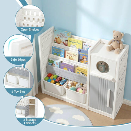 Keezi Kids Bookshelf and Toy Storage Organizer with 3-Tier Bookshelvs, 2 Removable Bins and 2 Storage Cabinets, Toddler Bookshelf with Toy Organizer for Kids' Rooms, Playrooms.