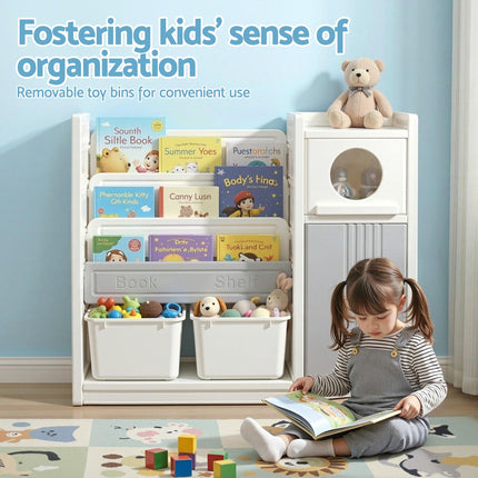 Keezi Kids Bookshelf and Toy Storage Organizer with 3-Tier Bookshelvs, 2 Removable Bins and 2 Storage Cabinets, Toddler Bookshelf with Toy Organizer for Kids' Rooms, Playrooms.