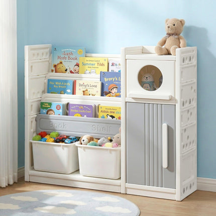 Keezi Kids Bookshelf and Toy Storage Organizer with 3-Tier Bookshelvs, 2 Removable Bins and 2 Storage Cabinets, Toddler Bookshelf with Toy Organizer for Kids' Rooms, Playrooms.