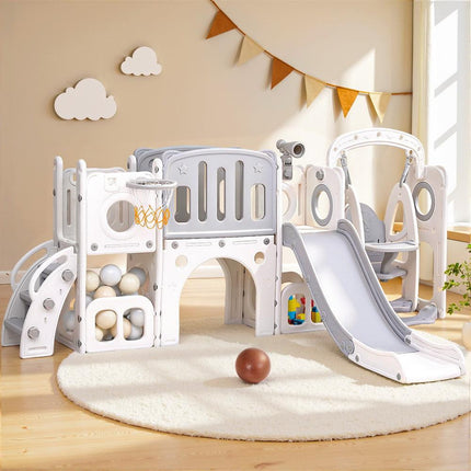 Keezi Kids Slide Swing Set Basketball Hoop Ring Football Outdoor Toys 132cm grey.