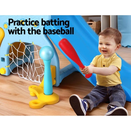 Keezi Kids Slide Set Baseball Bat Basketball Hoop Outdoor Playground 120cm Blue.