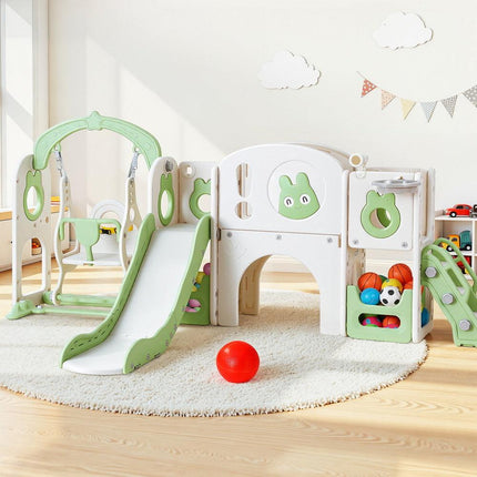 Keezi Kids Slide Swing Set Basketball Hoop Ring Football Outdoor Toys 140cm Green.