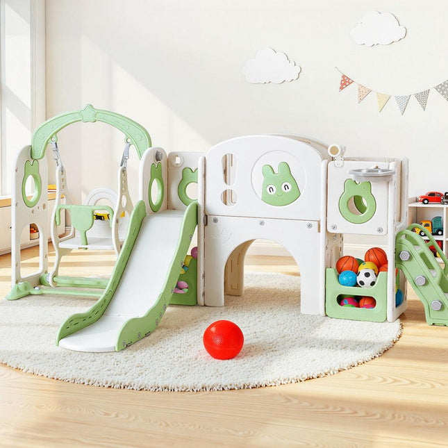 Keezi Kids Slide Swing Set Basketball Hoop Ring Football Outdoor Toys 140cm Green.