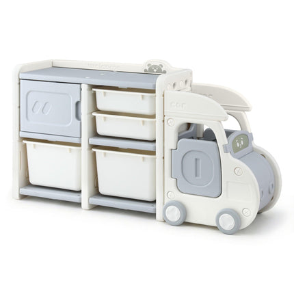 Keezi Toy Storage Organizer with 4 Storage Bins and Cabinet, Bookcase Kids Toys Box, Toy Storage for Kids Room, Playroom, Bedroom, Nursery, Car Shaped.