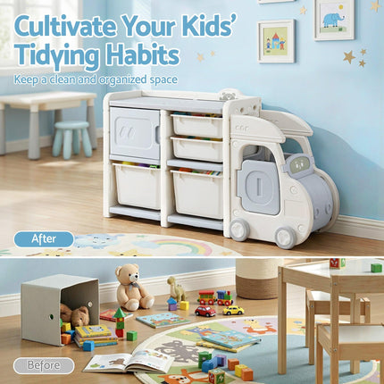 Keezi Toy Storage Organizer with 4 Storage Bins and Cabinet, Bookcase Kids Toys Box, Toy Storage for Kids Room, Playroom, Bedroom, Nursery, Car Shaped.