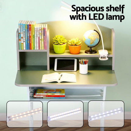 Keezi Kids Study Desk Chair Set Adjustable Ergonomic Table LED Lamp Green.