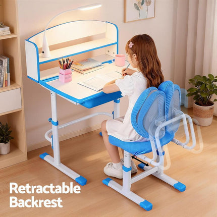 Keezi Kids Study Desk Chair Set Adjustable Ergonomic Table LED Lamp Blue.