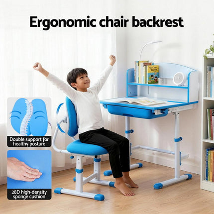 Keezi Kids Study Desk Chair Set Adjustable Ergonomic Table LED Lamp Blue.
