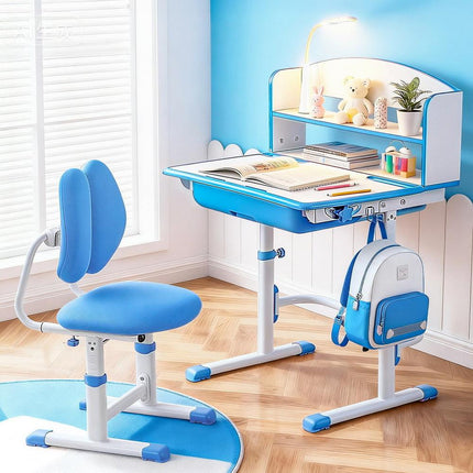 Keezi Kids Study Desk Chair Set Adjustable Ergonomic Table LED Lamp Blue.