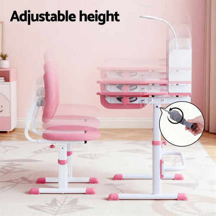 Keezi Kids Study Desk Chair Set Adjustable Ergonomic Table LED Lamp Pink.