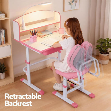 Keezi Kids Study Desk Chair Set Adjustable Ergonomic Table LED Lamp Pink.