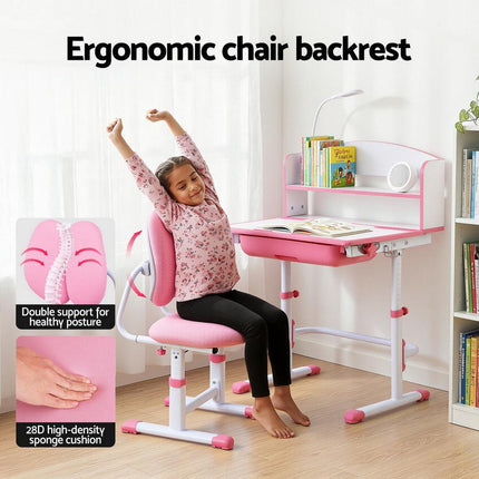 Keezi Kids Study Desk Chair Set Adjustable Ergonomic Table LED Lamp Pink.