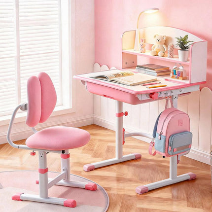 Keezi Kids Study Desk Chair Set Adjustable Ergonomic Table LED Lamp Pink.