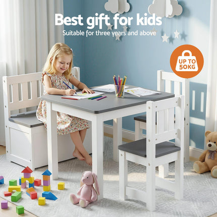 Keezi 2 in 1 Kids Table and Chair Set, Activity Table with Storage Bench and 2 Chairs for Reading, Drawing, Writing, Snack Time & Arts Crafts, 4 PCS Toddler Table and Chair Set, Grey.