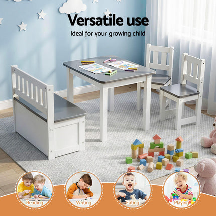 Keezi 2 in 1 Kids Table and Chair Set, Activity Table with Storage Bench and 2 Chairs for Reading, Drawing, Writing, Snack Time & Arts Crafts, 4 PCS Toddler Table and Chair Set, Grey.