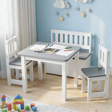 Keezi 2 in 1 Kids Table and Chair Set, Activity Table with Storage Bench and 2 Chairs for Reading, Drawing, Writing, Snack Time & Arts Crafts, 4 PCS Toddler Table and Chair Set, Grey.