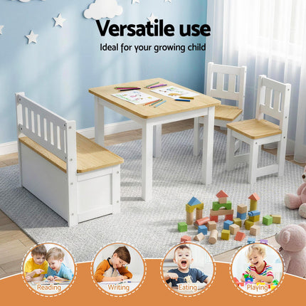 Keezi 2 in 1 Kids Table and Chair Set, Activity Table with Storage Bench and 2 Chairs for Reading, Drawing, Writing, Snack Time & Arts Crafts, 4 PCS Toddler Table and Chair Set, Natural.