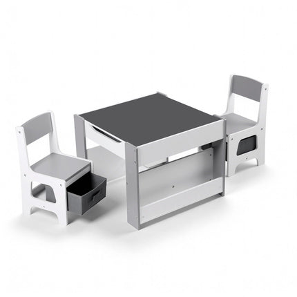 Keezi Kids Table and Chair Set, 4 in 1 Wooden Activity Table with Bookcase, Storage Box and Detachable Blackboard, Toddler Table and 2 Chairs Set, Grey.