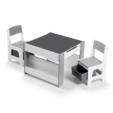 Keezi Kids Table and Chair Set, 4 in 1 Wooden Activity Table with Bookcase, Storage Box and Detachable Blackboard, Toddler Table and 2 Chairs Set, Grey.