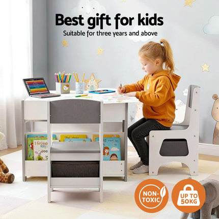 Keezi Kids Table and Chair Set, 4 in 1 Wooden Activity Table with Bookcase, Storage Box and Detachable Blackboard, Toddler Table and 2 Chairs Set, Grey.