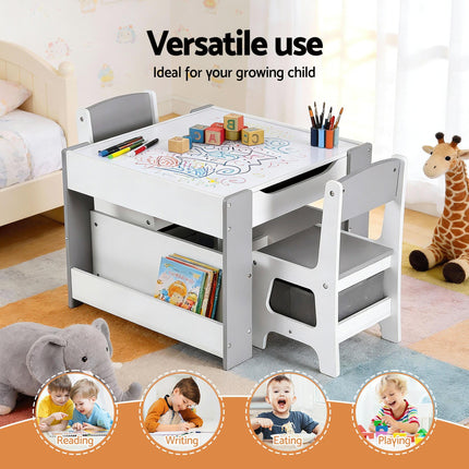 Keezi Kids Table and Chair Set, 4 in 1 Wooden Activity Table with Bookcase, Storage Box and Detachable Blackboard, Toddler Table and 2 Chairs Set, Grey.