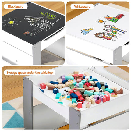 Keezi Kids Table and Chair Set, 4 in 1 Wooden Activity Table with Bookcase, Storage Box and Detachable Blackboard, Toddler Table and 2 Chairs Set, Grey.