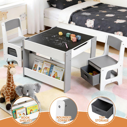 Keezi Kids Table and Chair Set, 4 in 1 Wooden Activity Table with Bookcase, Storage Box and Detachable Blackboard, Toddler Table and 2 Chairs Set, Grey.