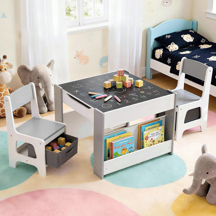 Keezi Kids Table and Chair Set, 4 in 1 Wooden Activity Table with Bookcase, Storage Box and Detachable Blackboard, Toddler Table and 2 Chairs Set, Grey.