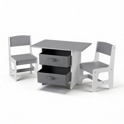 Keezi Kids Table and 2 Chairs Set Wooden Activity Table wit 2 Storage Drawers, Toddler Table and Chair Set for Children Drawing, Reading, Crafts, Eating, Grey.